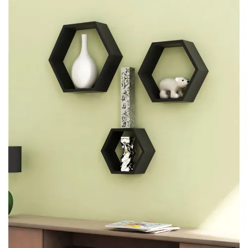 Image of Home Sparkle Wooden Hexagonal Wall Shelf Set of 3