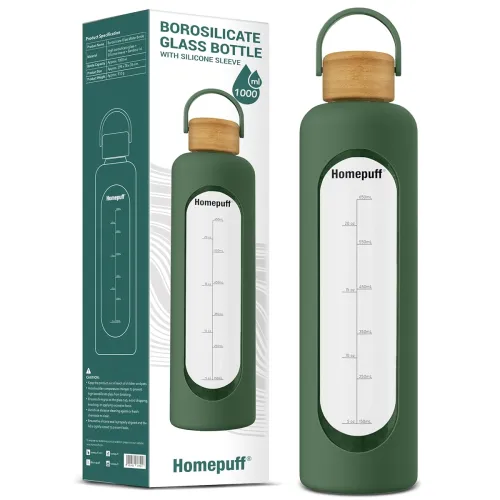 Image of Homepuff Glass Water Bottle 1000ml (Green, Leak-Proof, BPA-Free)
