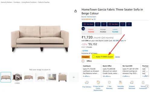 Image of HomeTown Garcia 3-Seater Fabric Sofa (Beige)