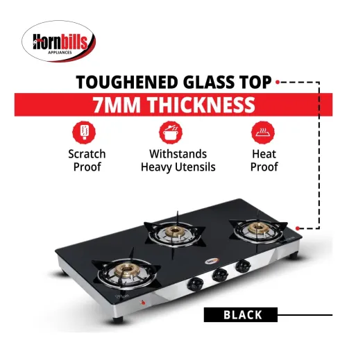 Image of HORNBILLS LPG Premium Design 7MM Toughened Glass Gas Stove 3 Brass Burners 2 Year.