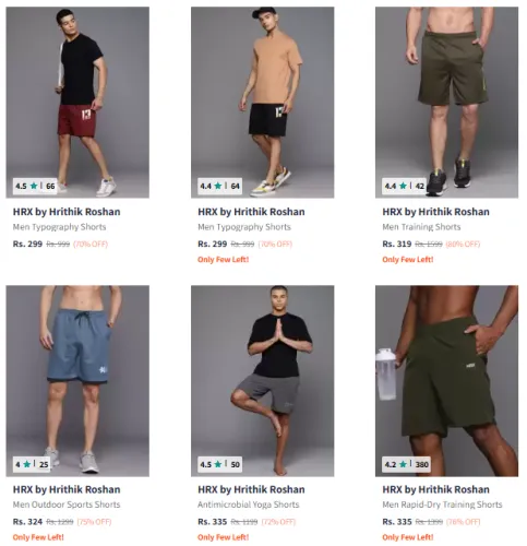 Image of HRX by Hrithik Roshan Brand Men's Shorts @ Minimum 70% Discount