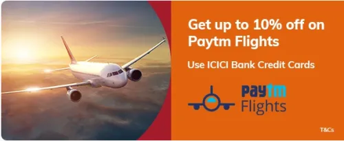 Image of ICICI Bank Coupon : Get 10% off upto ₹1800 on Paytm Flights