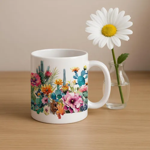 Image of ICORA Ceramic Coffee Mug 330ML with Colorful Cactus Floral Print for Tea Coffee Lovers/Pack of 1