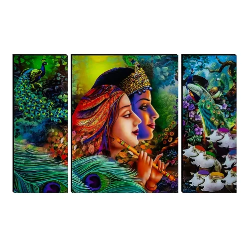 Image of Indianara Set of 3 Radha Krishna wit Peacock MDF Art Painting