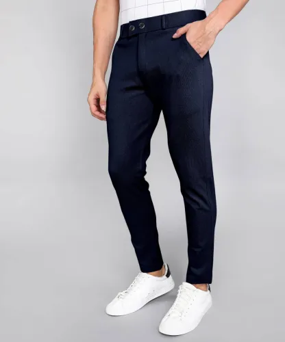 Image of INDICLUB Men Relaxed Dark Blue Lycra Blend Trousers