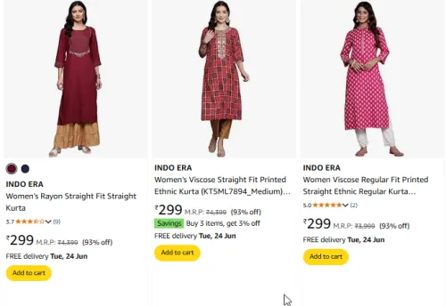 Image of INDO ERA Women Kurta at minimum 92% Discount