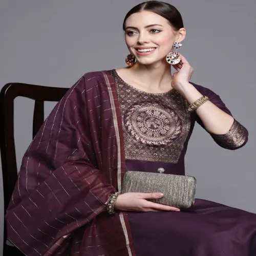 Image of Indo Era Women Purple Yoke Design Kurta