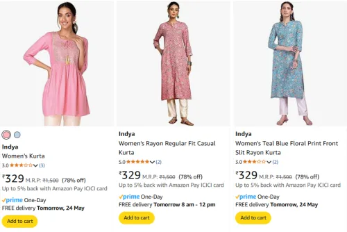 Image of Indya Women's Kurtis at minimum 78% Discount