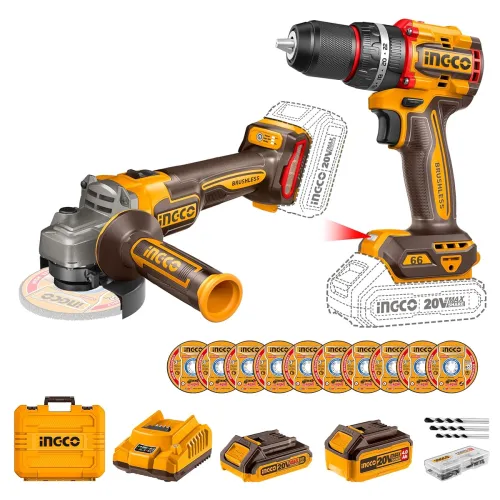 Image of INGCO Cordless Angle Grinder & Drill Combo Kit with 2 Batteries