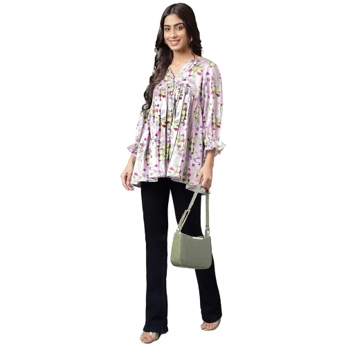 Image of Janasya Digital Floral Printed Flared Top
