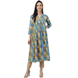. Janasya Women’s Blue Floral Flared Kurta