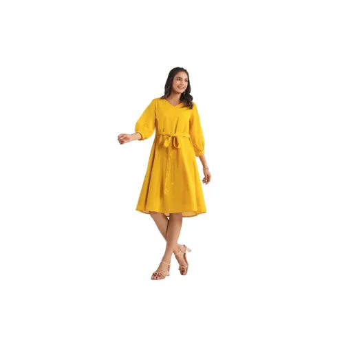 Image of Janasya Women's Dobby Cotton A-Line Midi Dress