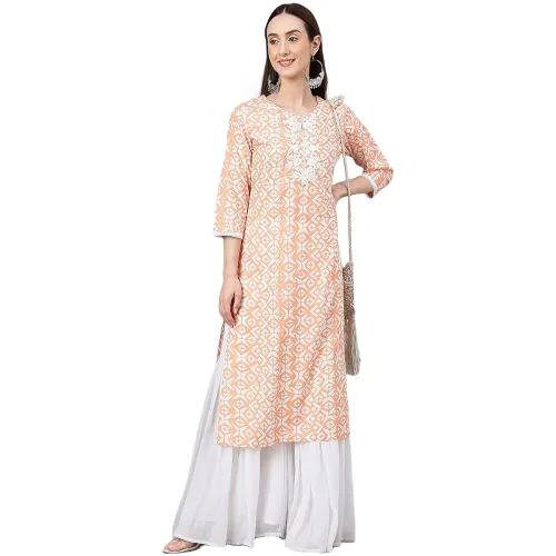 Image of Janasya Women's Peach Cotton Printed Straight Kurta