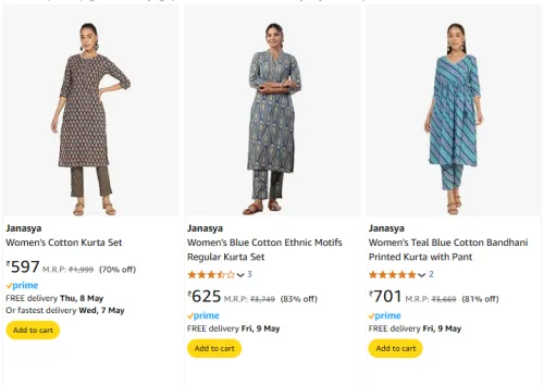Image of Janasya Women's Kurta Set at Minimum 70% Discount 