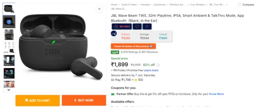 Image of JBL Wave Beam TWS Earbuds, 32Hr Playtime,