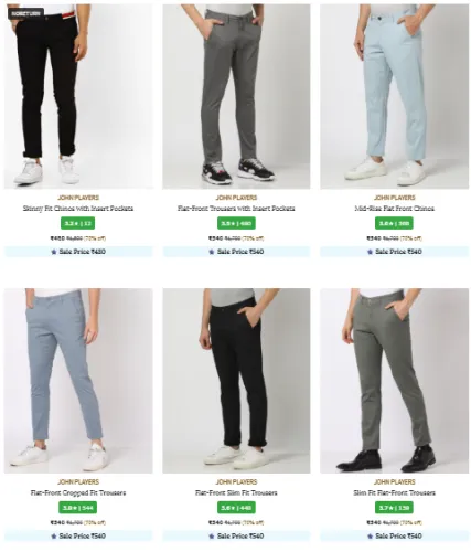 Image of JOHN PLAYERS Brand Men's Trousers & Pants @ Up to 70% Discount