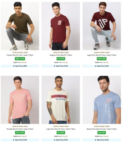 Image of JOHN PLAYERS JEANS Brand Men's T-shirt @ Start ₹180