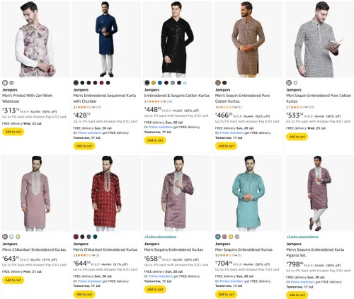 Image of Jompers Men's Embroidered Sequinned Kurta Up-To 92% Discount