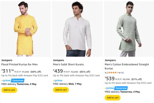 Image of Jompers Men's Kurta at minimum 81% Discount