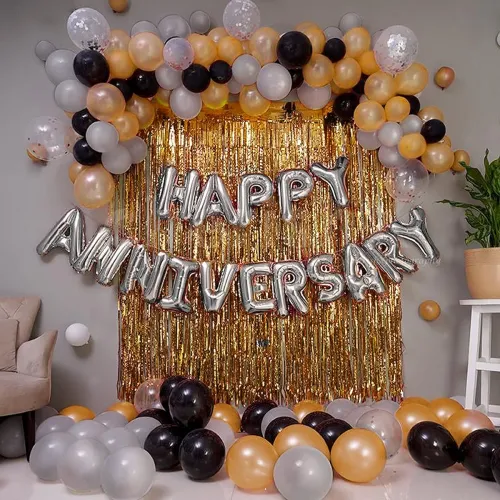 Image of Just Party Set of 63 Pcs, Silver Happy Anniversary Foil, 2 Golden Curtains Theme Backdrop