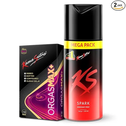 Image of KamaSutra Spark Deodorant Mega Pack 220 Ml And Orgasmax+ Condoms 10 Count, Spray, Men