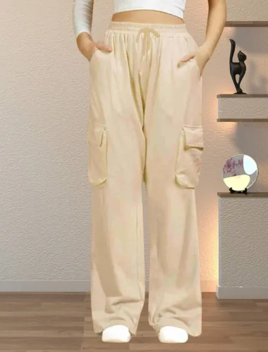 Image of karan Women Regular Fit Beige Cotton Blend Trousers