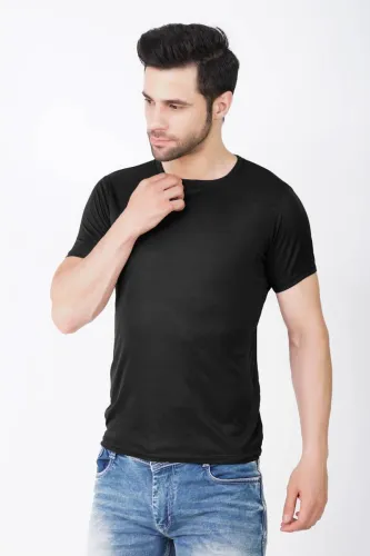 Image of KASPY Men Solid Round Neck Polyester Black T-Shirt