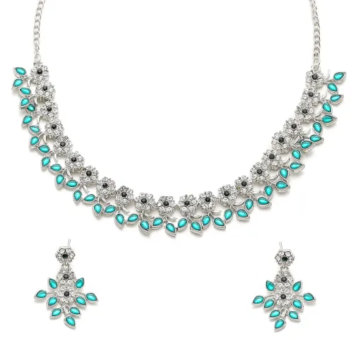 Image of KENNICE Leafy CZ Necklace & Earrings Set (Rhodium-Plated)