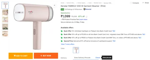 Image of Kenstar FABRICA 1200 W Garment Steamer (Pink)