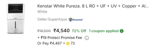 Image of Kenstar White Pureza. 8 L RO + UF + UV + Copper + Alkaline + Mineralizer Water Purifier
