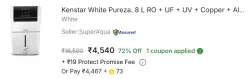 Kenstar White Pureza. 8 L RO + UF + UV + Copper + Alkaline + Mineralizer Water Purifier