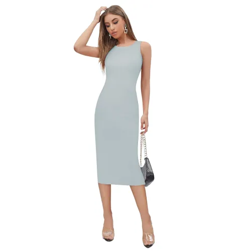 Image of KERI PERRY Grey Lycra Solid Bodycon Western Dress