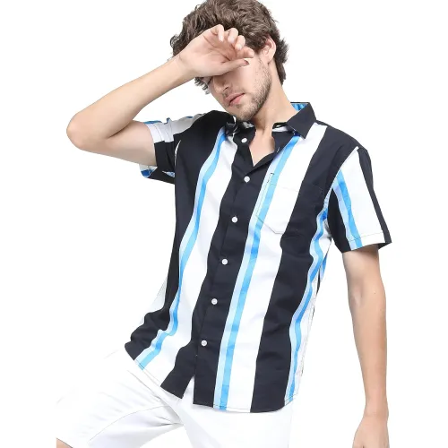 Image of KETCH Men Cotton Slim Fit Striped Half Sleeve Shirt