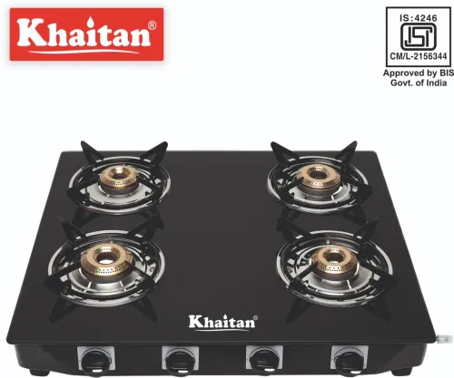 Image of Khaitan 4 Burner Active Forged Black Toughened Glass Manual Gas Stove (4 Burners)