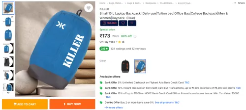 Image of KILLER Small 15 L Laptop Backpack (Blue)