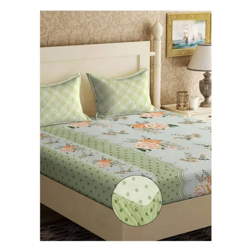 Image of KLOTTHE Light Green & Peach Floral Bedsheet