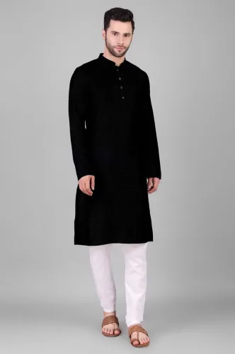 Image of Koshin Men Solid Viscose Rayon Straight Kurta (Black)