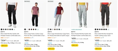 Image of Kotty Men's Cargo Pants at Minimum 75% Discount