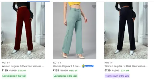 Image of Kotty Women's Trousers Start From ₹139