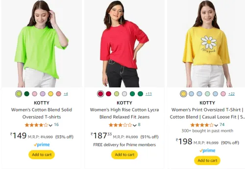 Image of KOTTY Women's Cotton Blend Solid Oversized T-shirts starting @ ₹149 up to 90% Discount