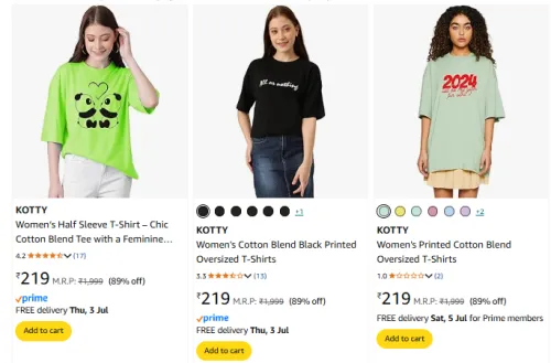 Image of KOTTY Women's T-shirts at minimum 80% Discount