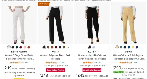 Image of KOTTY Womens Cotton Blend Straight Fit Solid Trousers up to 90% discount starting from ₹219