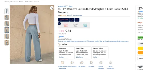 Image of KOTTY Women's Cotton Blend Straight Fit Cross Pocket Solid Trousers