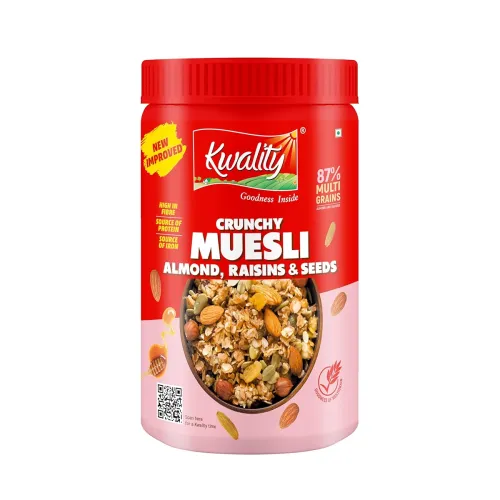 Image of Kwality Muesli Crunchy Almond & Raisins 900g Jar, 86% Multi Grains, Natural Source of Vitamin