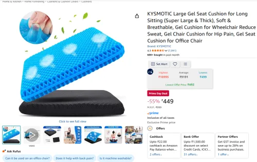 Image of KYSMOTIC Large Gel Seat Cushion for Long Sitting