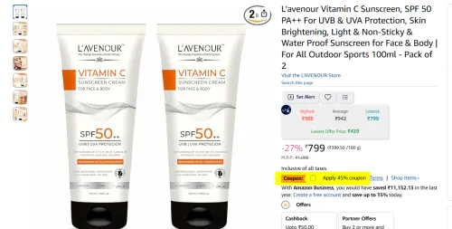 Image of L’avenour Vitamin C Sunscreen SPF 50, Pack of 2