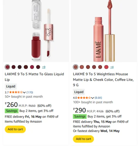 Image of LAKMÉ 9 To 5 Lipsticks Minimum 60% Discount