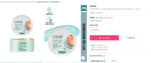 Image of Lakme Peach Milk Vit E Lightweight Gel Moisturizer 200 g