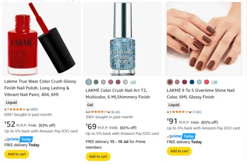 Image of Lakme Nailpolish starting at ₹52
