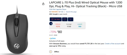Image of LAPCARE L-70 Plus (Ind) Wired Optical Mouse with 1200 Dpi, Plug & Play .